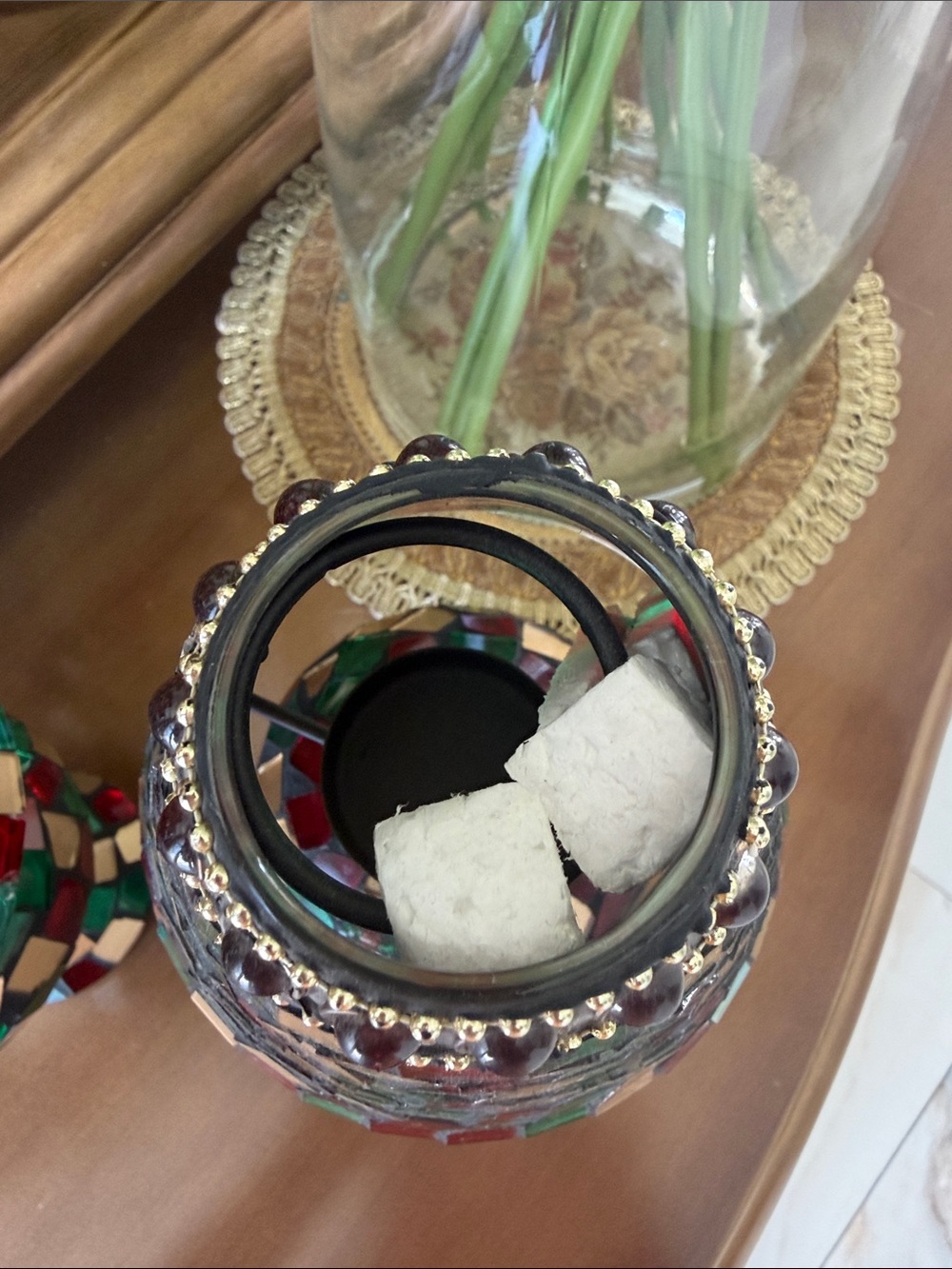 Mosaic Glass Table candle holders - Red & Green - Picture 4 of 6